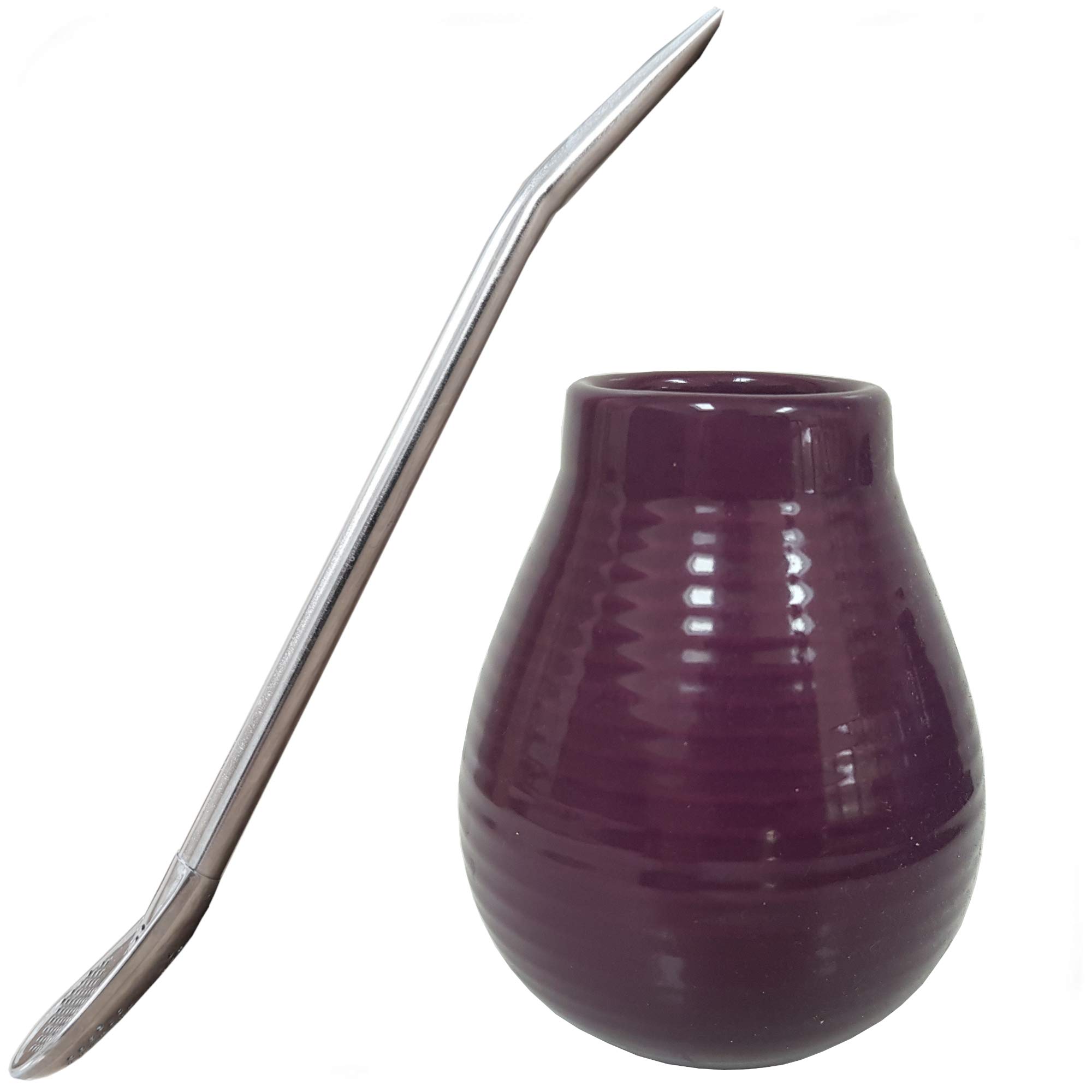 Gaucho Bruno Yerba Mate Ceramic Cup with Stainless Steel Bombilla Drinking Straw - Reusable, Slip-Proof Gripping and Easy Cleaning - for Home and Travel Use - 400ml - Purple