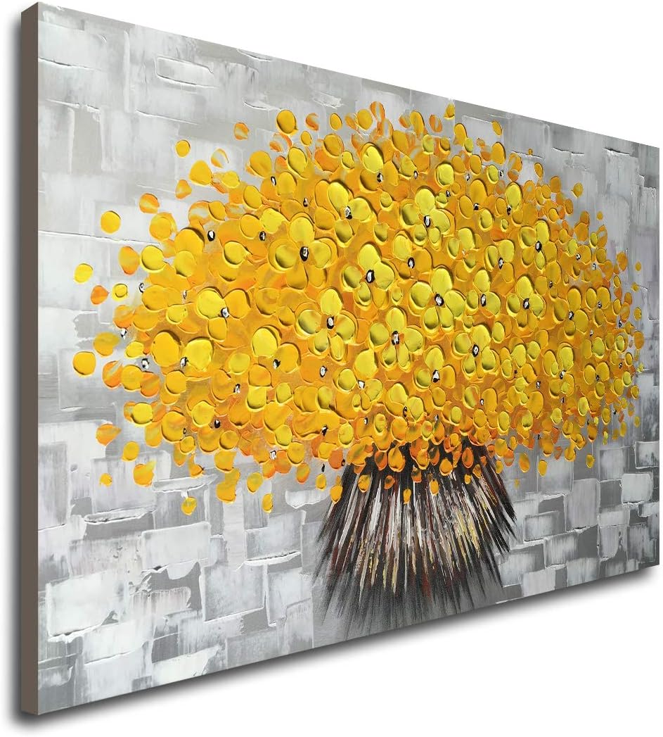 Paintings - Winpeak Art Hand Painted Modern Textured Yellow Flower Oil Painting on Canvas Abstract Floral Artwork