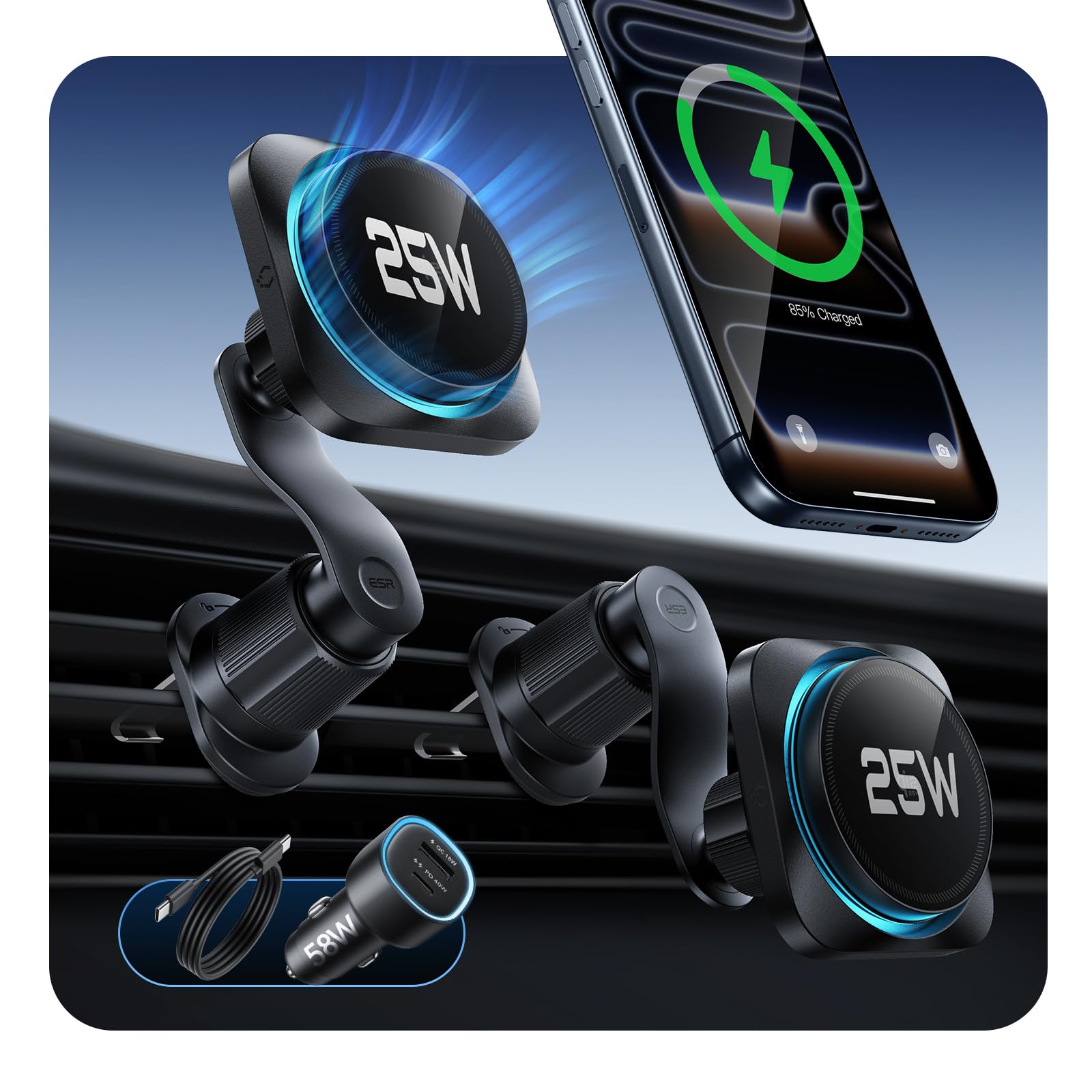 Photo 1 of ESR OmniLock Qi2.2 Certified 25W MagSafe Car Mount Charger with CryoBoost, Phone Cooling MagSafe Car Charger, 360° Rotatable, Air Vent Magnetic Car Phone Holder for iPhone 17/16 with iOS 26, Black