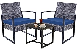 FHFO 3 Piece Outdoor Patio Set Wicker Bistro Set Balcony Furniture with Table for Porch Backyard Lawn,Blue