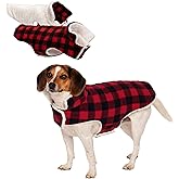 Furhaven Reversible Small Dog Coat, Washable & Insulating w/ Leash Access - Sherpa & Plaid Fleece Flex-Fit Jacket - Cream/Red, Small