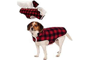 Furhaven Reversible Small Dog Coat, Washable & Insulating w/ Leash Access - Sherpa & Plaid Fleece Flex-Fit Jacket - Cream/Red, Small