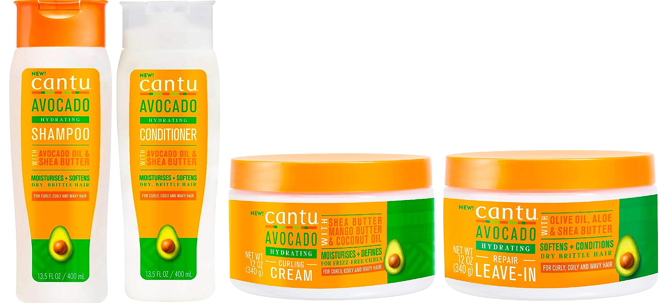 Cantu Avocado & Shea Butter Hydrating Shampoo, Conditioner, Curling Cream and Leave-in Cream Bundle