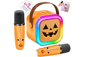 IROO Mini Karaoke Machine for Kids, Halloween Party Supplies & 2025 TOP Toy Gifts Ideas for Girls Boys Ages 4-12, Portable MP3 Player with 2 Wireless Mics for Birthday Christmas Singing Games（Pumpkin）