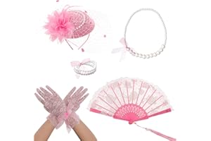 Fumwase 5Pcs Tea Party Accessories Set for Women Tea Party Favors Kit Tea Party Gloves Hats Necklace Fan Bracelet