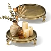 2 Pack Vintage Antique Brass Clawfoot Tray, Round Decorative Tray | Distressed Finish, Retro Metallic Texture, Sculpted Claw 