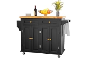 Squireewo Kitchen Cart with Rubber Wood Top Breakfast Bar, Rolling Mobile Kitchen Island Table on Wheels with Drawer and Storage Cabinet, Spice Rack, Towel Rack, Black
