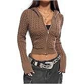 Verdusa Women's Zip Up Knit Crop Cardigan Long Sleeve Hooded Slim Fit Hoodies Outerwear with Pocket