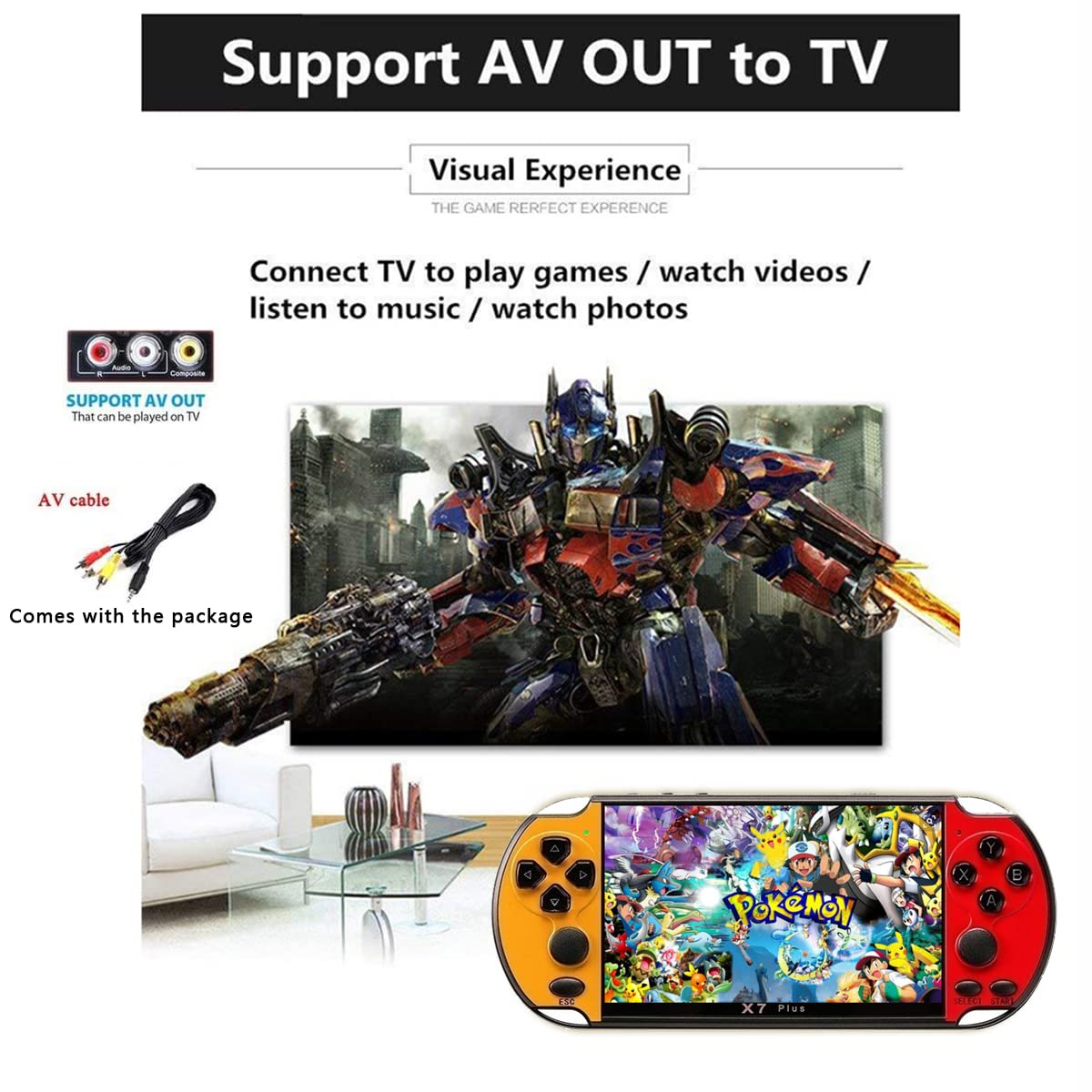 songlan-X7Plus 5.1 inch Built-in 10500+ Free Games GBC/GBA/FC/MD/Arcade, Dual Joystick Portable Handheld Game Console, 8GB RAM, MP3, MP4, MP5, Movie/Video/Music/Gamer Birthday Gift（Yellow&Red）