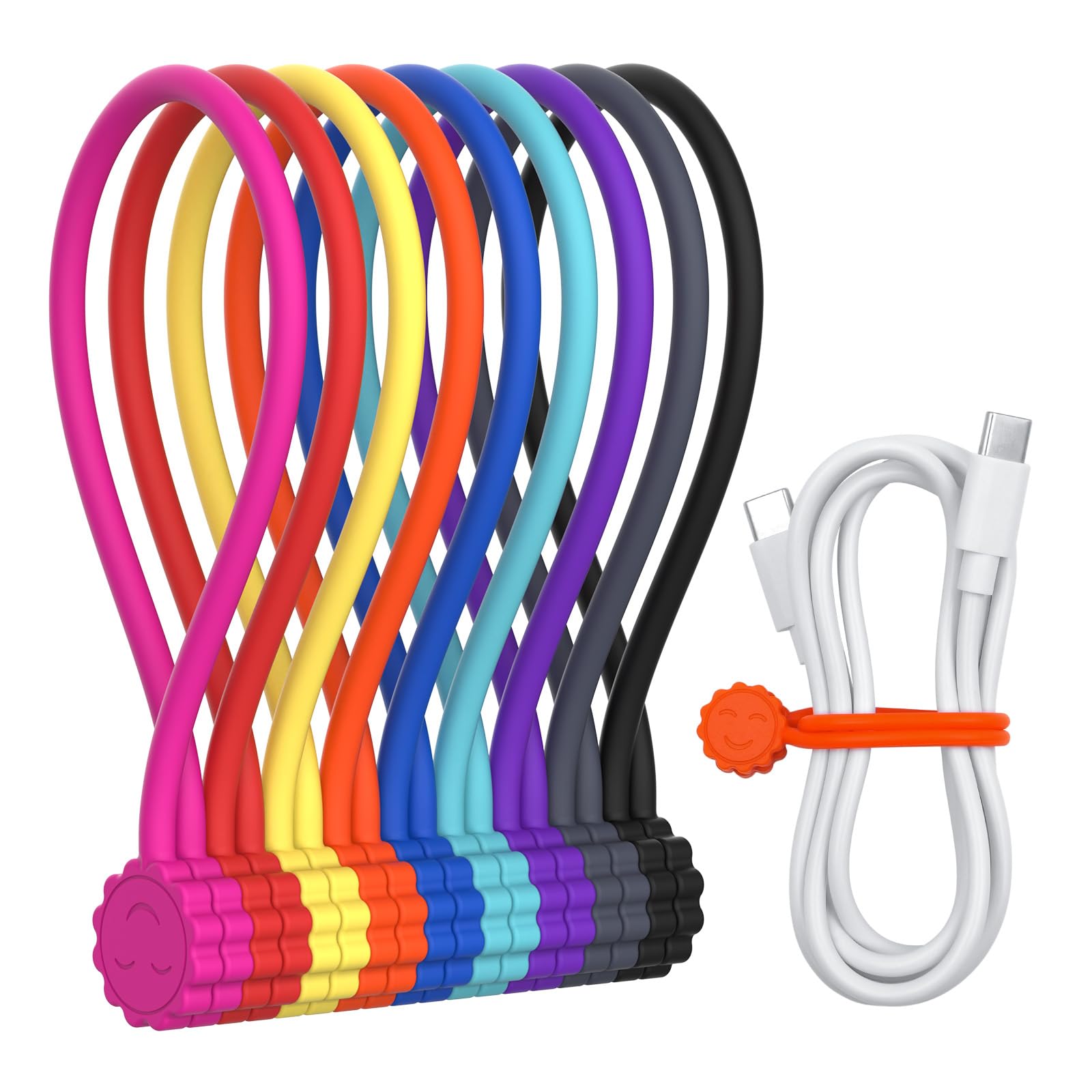 Rich&Ray Magnetic Reusable Silicone Cable Ties, Phone Cord Holder, Magnetic Cable Ties for Headphone Cables, Charging Cable Organizer, Book Markers, Hanging Stuff - 7.48'' (9Colors-9Pack)