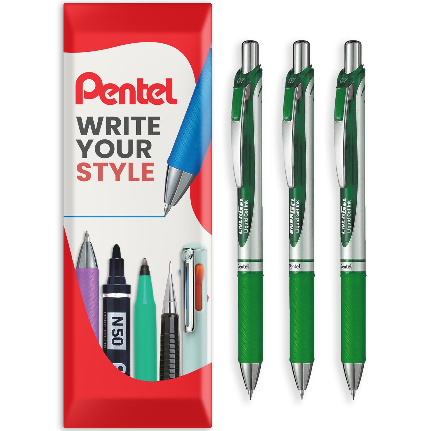 Pentel EnerGel XM BL77 - Retractable Liquid Gel Ink Pen - 0.7mm - 54% Recycled - In Envelope Gift Packaging - Pack of 3 - Green