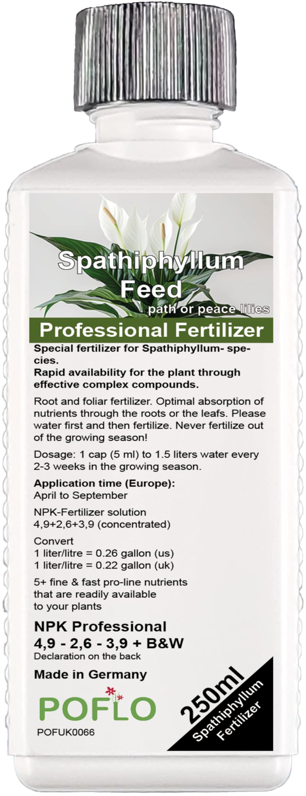 POFLO Special fertilizer for peace lilies Spathiphyllum- species. Rapid availability for the plant through effective complex compounds. 250ml