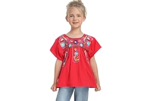 YZXDORWJ Mexican Blouse for Girls Traditional Embroidered Summer Short Sleeve Peasant Blouse for Kids
