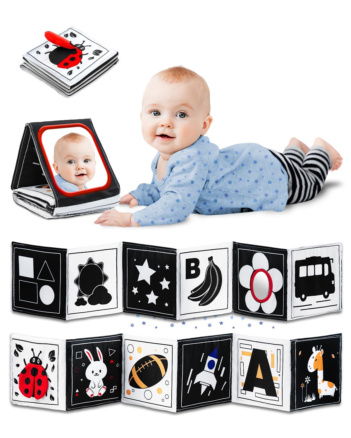 Photo 1 of High Contrast Black and White Baby Toys for Newborn 0-6 Months – Contrast Cards & Sensory Baby Book with Mirror – Tummy Time Infant Toys for Visual Stimulation, Early Learning & Brain Development