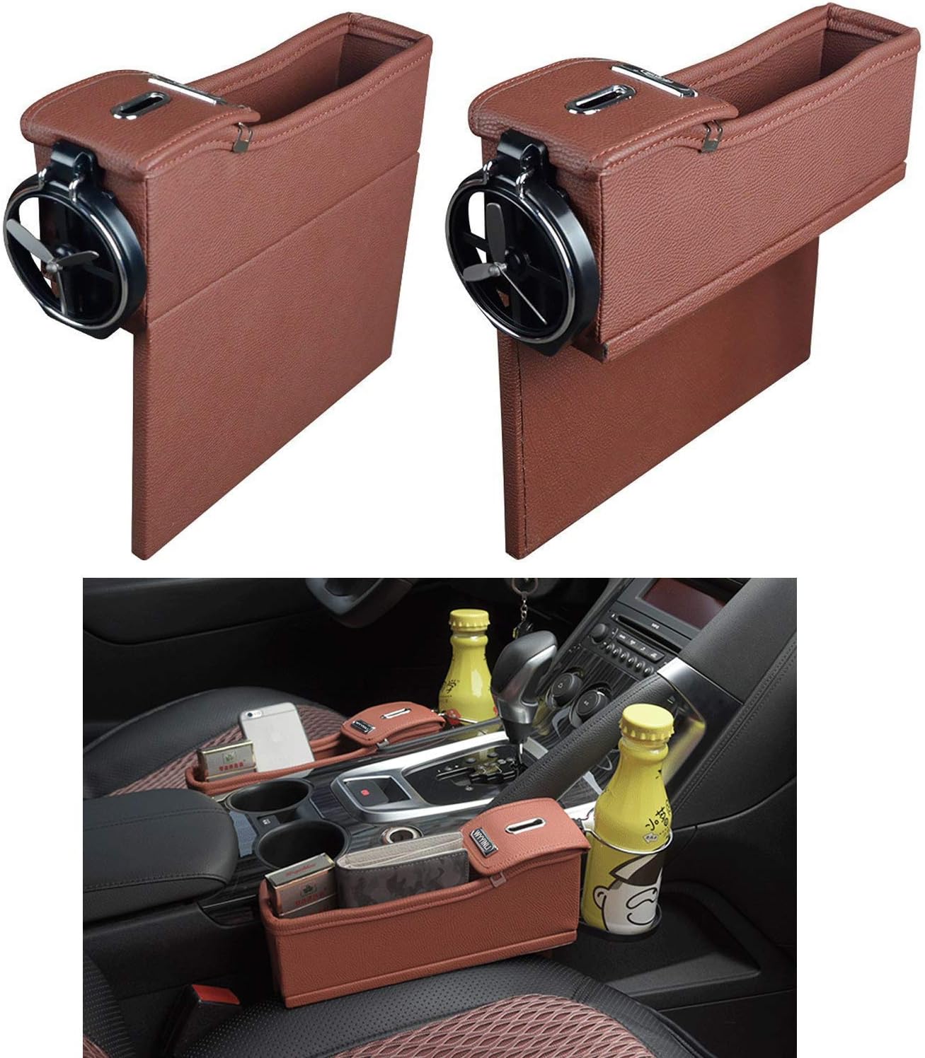 Premium PU Leather Side Pocket Organizer Car Seat Filler Gap Space Storage Box Bottle Cup Holder Coin Collector Car Interior Accessories 2PCS (Brown)