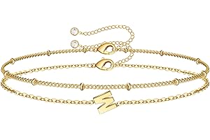 M MOOHAM Stocking Stuffers for Women Girls - Layered Initial Bracelet Letter A-Z Charm, Dainty 14K Gold Plated Initial Bracelets for Women Birthday Personalized Gifts Trendy Jewelry