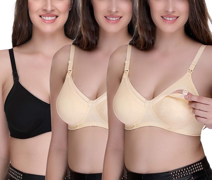 Women's Feeding Bra Full Cup Hosiery Cotton Breastfeeding Nursing Maternity (Multicoloured) Combo Pack of 3