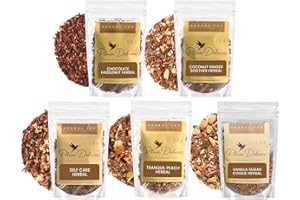 Herbal Tea Sampler – 5 Caffeine-Free Loose Leaf Blends for Sleep and Relaxation, Fruity and Dessert-Inspired Flavors, 75 to 100 Cups – Handcrafted in USA – Plum Deluxe
