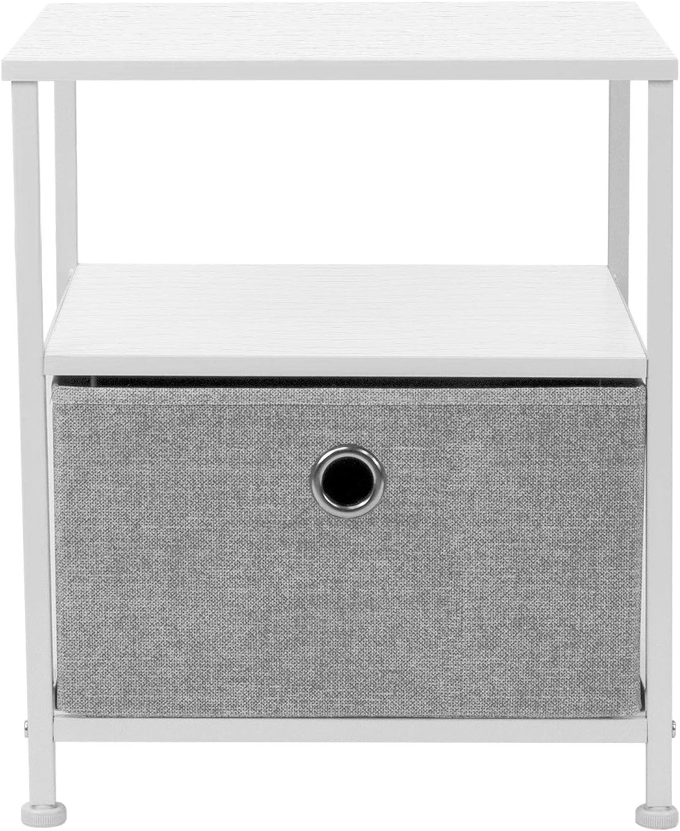 Sorbus Nightstand 1-Drawer Shelf Storage- Bedside Furniture & Accent End Table Chest for Home, Bedroom, Office, College Dorm, Steel Frame, Wood Top, Easy Pull Fabric Bins (White/Gray): Kitchen & Dining