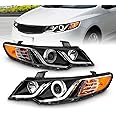 AmeriLite for 2010-2013 Forte Koup Dual LED Halos + Tube Black Replacement Projector Headlights Pair - Passenger and Driver Side