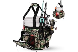 Boomistry Fishing Bucket Organizer for 5 Gallon Bucket Accessories, Fishing Tackle Bag with Adjustable Buckle, Fishing Rod Bag with 15 Multi-Pockets for Fishing Gear and Equipment (Green Camo)