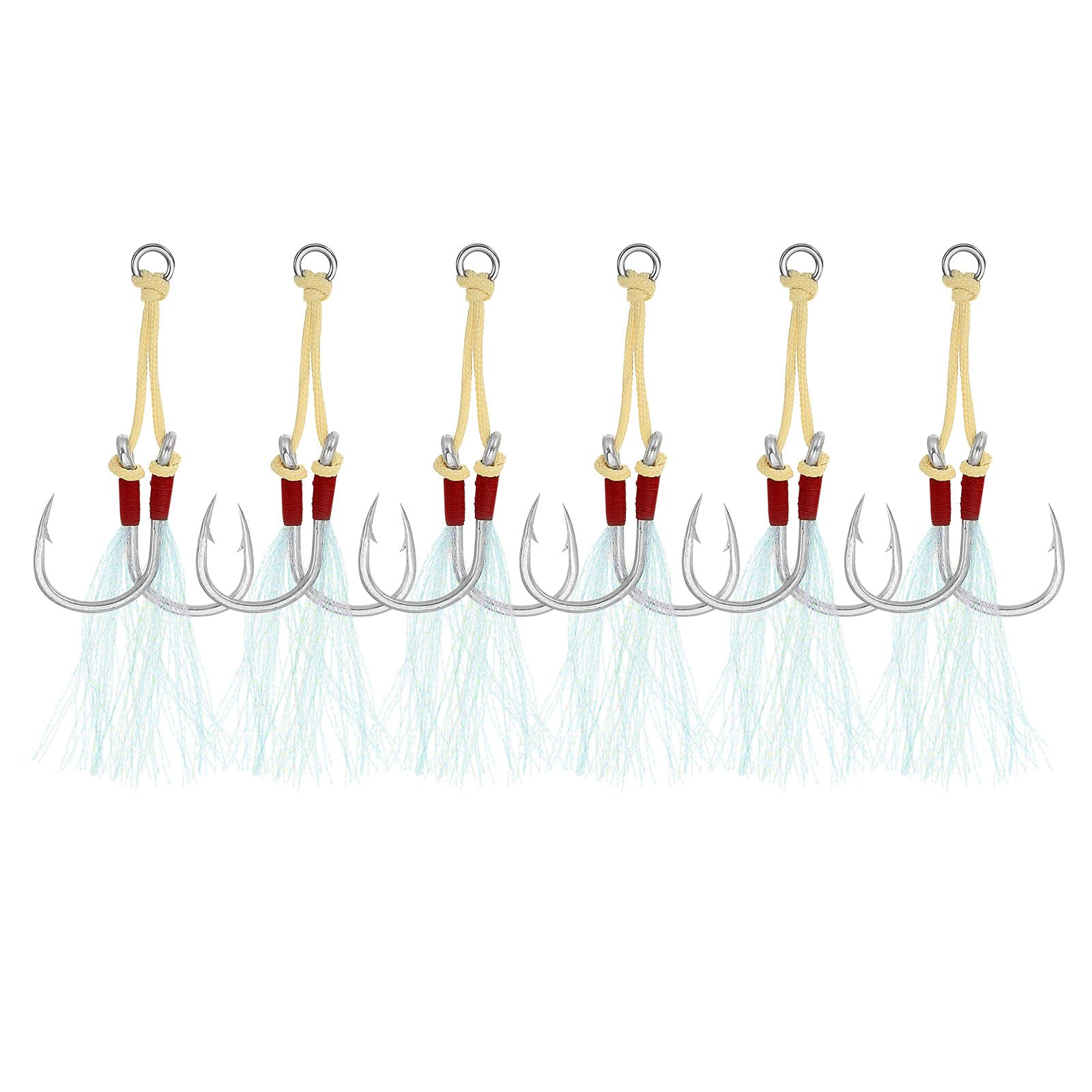 PATIKIL Fishing Assist Hooks Kit, 6 Pack Double Assist Jigging Hook with Glow Tassel for Slow Pitch Jigs Vertical Jigging Lures, Green (5/0#, 3.4"x0.7")