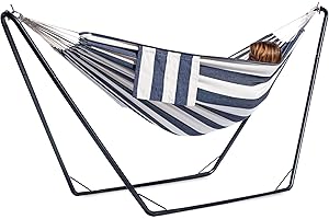 gafete Double Hammock with Stand for Outside, Stable V-Shape Space Saving Steel Stand 2 Person, Comfortable Pillow & Convenient Side Pocket, Indoor & Outdoor, Max 450 lbs Capacity (Dark Blue)