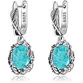 Phyonio Teal/Blue/Purple Oval Turquoise Dangle Earrings for Women Leaf Vine Flower Latch Back 925 Sterling Silver Earring Vintage Oxidised Boho Turquoise Jewelry Valentines Day Gift for Her
