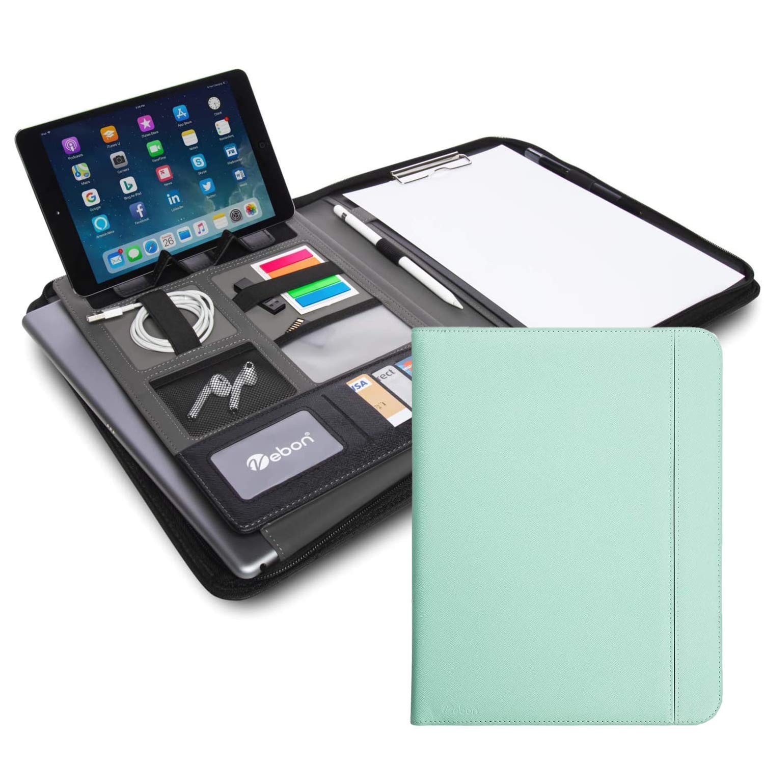 Vebon A4 London Conference Folder Vegan Leather with Zip I Briefcase + Laptop Bag I 2 in 1 I Smartphone Holder + Clip Holder, Caribbean Blue