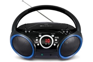 SINGING WOOD 030C Portable CD Player Boombox with AM FM Stereo Radio, Aux Line in, Headphone Jack, Supported AC or Battery Powered (Black with a Touch of Blue Rims)