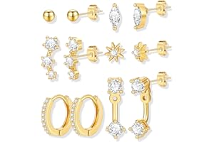 YEEZII 6 Pairs 14K Gold Plated Stud Earrings for Women, Hypoallergenic Cartilage Earrings for Multiple Piercing, Dainty Small Stackable Earrings Jewelry Set