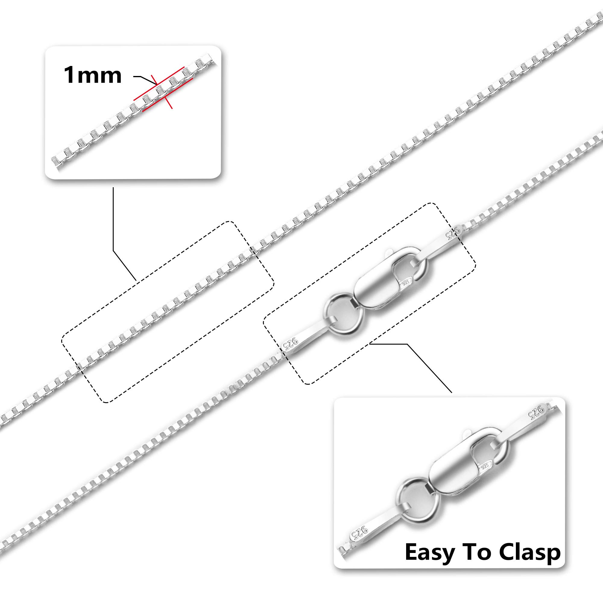 ASHINE 925 Sterling Silver Box Chain Necklace for Women, 1mm 0.8mm Italian Chains, Dainty & Sturdy Necklace with Silver Polishing Cloth Available in 16-36 Inch