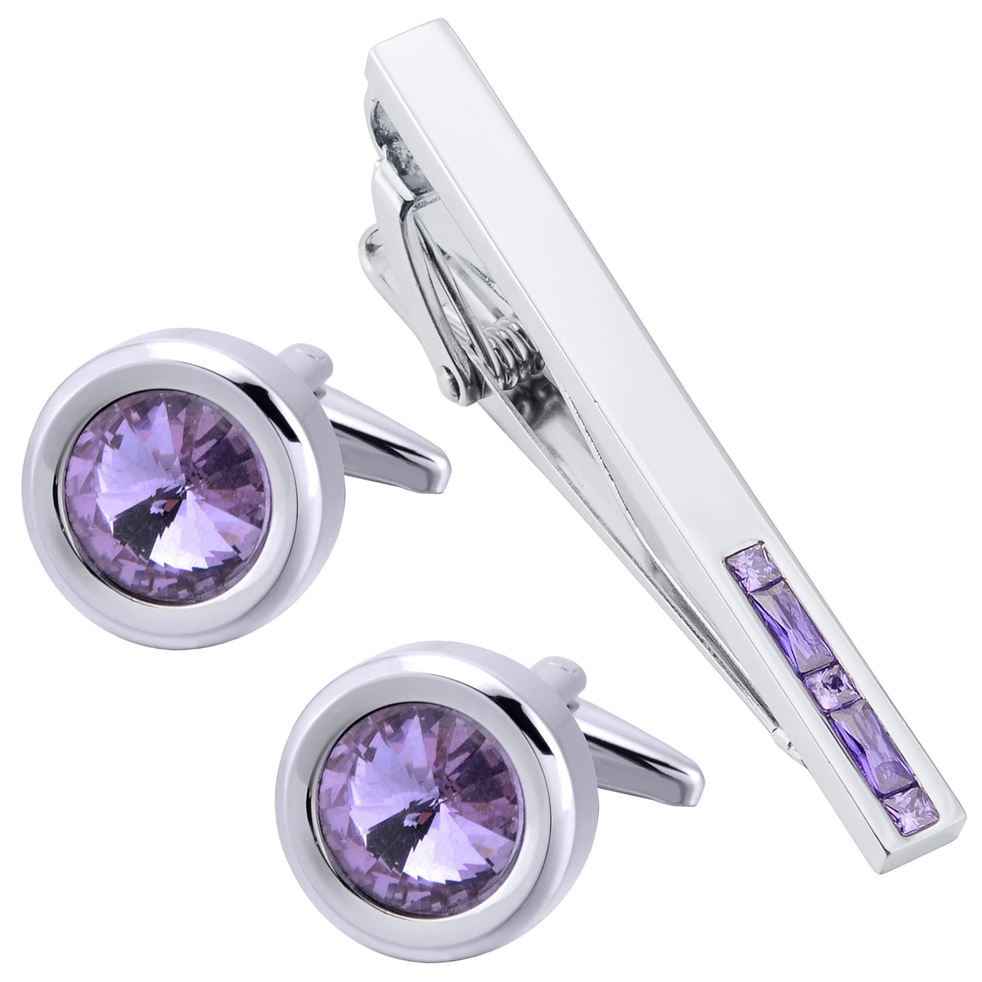 Jonwo Round Diamond Cutting Crystal Men Cufflinks and Tie Clip Set Regular Necktie Tie Pin Cuff Links for Wedding Business Shirt Tie (Purple Crystal Tie Clip Cufflinks Set)