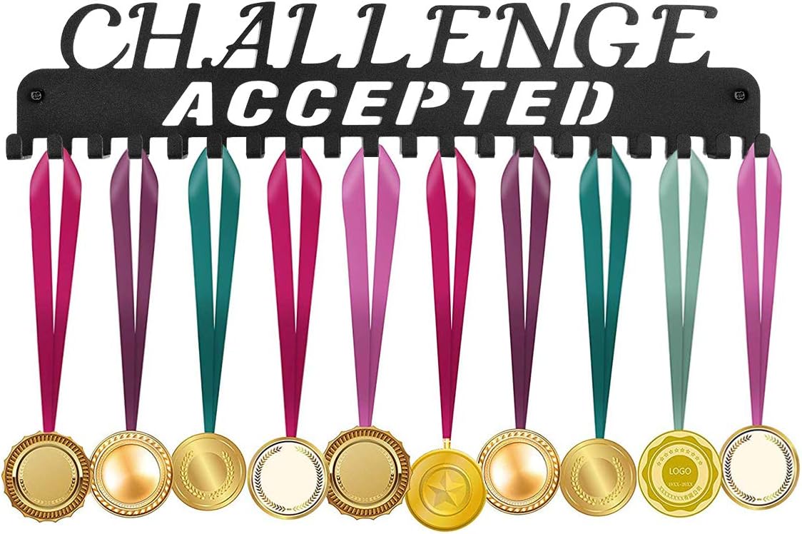 ULwysd Medal Holder Display Hanger Rack Hook, Lanyard Ribbon Display, Premium Pure Steel, Easy to Install, Sports Metal Wall Mount 20 Hooks 'Challenge Accepted', Race Runner Medals Frame(Matte Black)