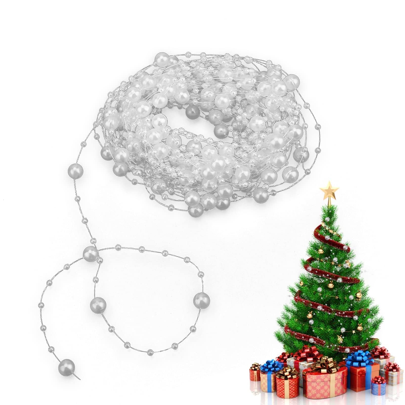 10M Artificial Pearls String Beads Chain 32.8Ft Christmas Bead Garland Artificial Pearls String Chain Garland Fishing Line for Table Wedding Party Christmas Tree Jewelry Making Supplies