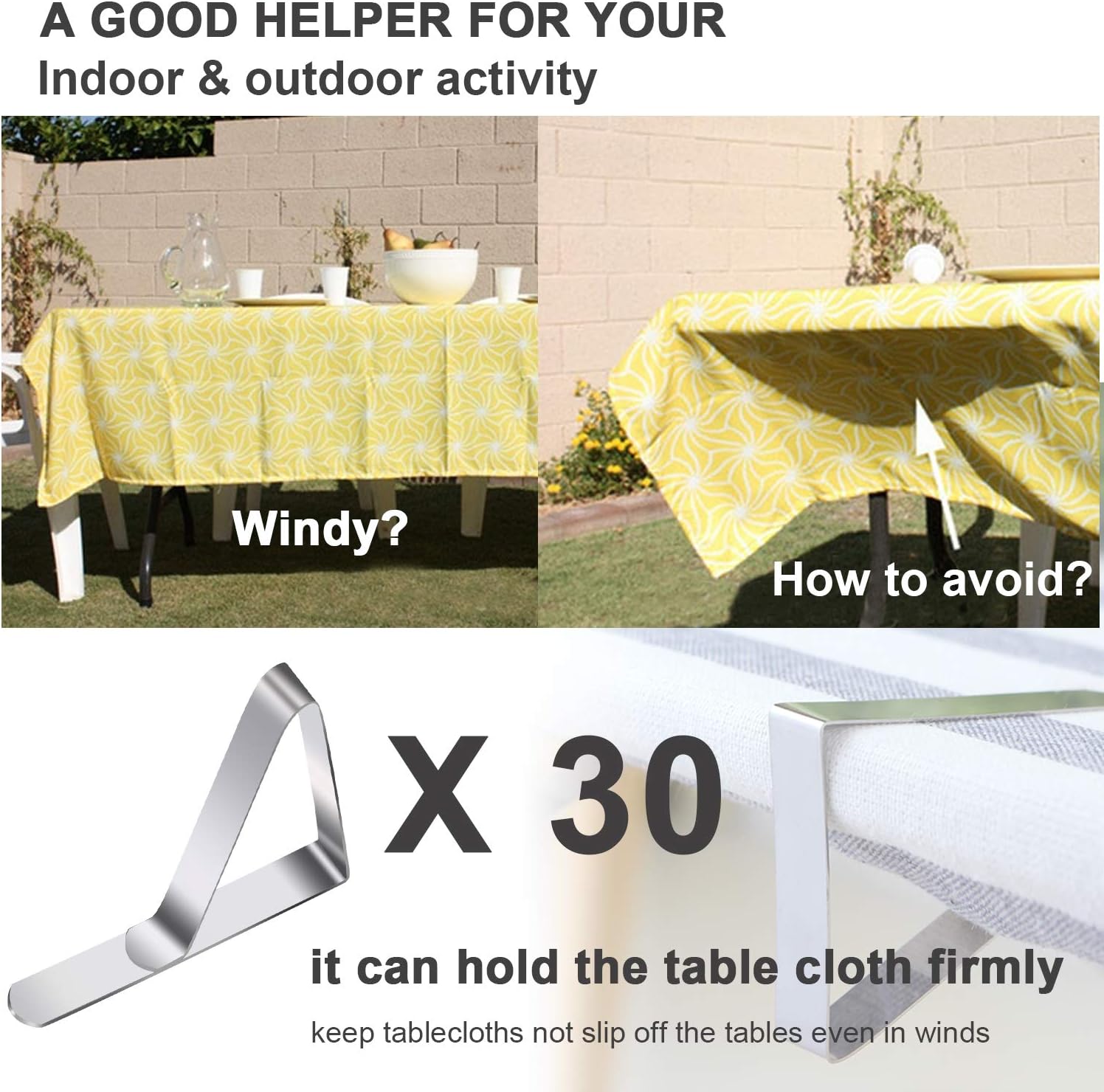 HOOSUN Tablecloth Clips 30 Packs Stainless Steel Picnic Table Cover Clamps for Kitchen Dining Party Outdoor Wedding and Picnics, Table Cloth Holder & Skirt Clips: Kitchen & Dining