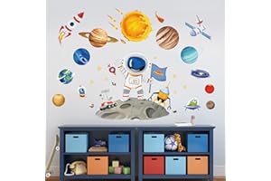 wondever Outer Space Astronaut Wall Stickers Planets Rocket Peel and Stick Wall Art Decals for Baby Nursery Kids Bedroom Playroom