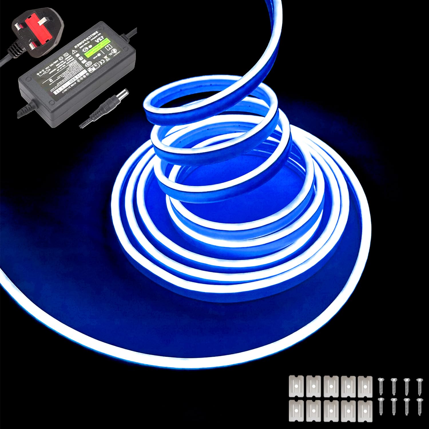 Gcidto Flexible 5M Blue Neon LED Strip Lights，12V DC 600 LEDs Waterproof SMD2835 for DIY Decor Lights for Parties, Bars, Bedrooms, Store Signs(Includes Power Adapter).