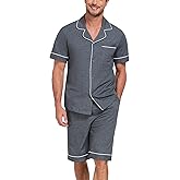 COLORFULLEAF 100% Cotton Men's Pajamas Set Short Sleeve Sleepwear for Men Soft Button Down Loungewear with Pockets (Dark Grey L)
