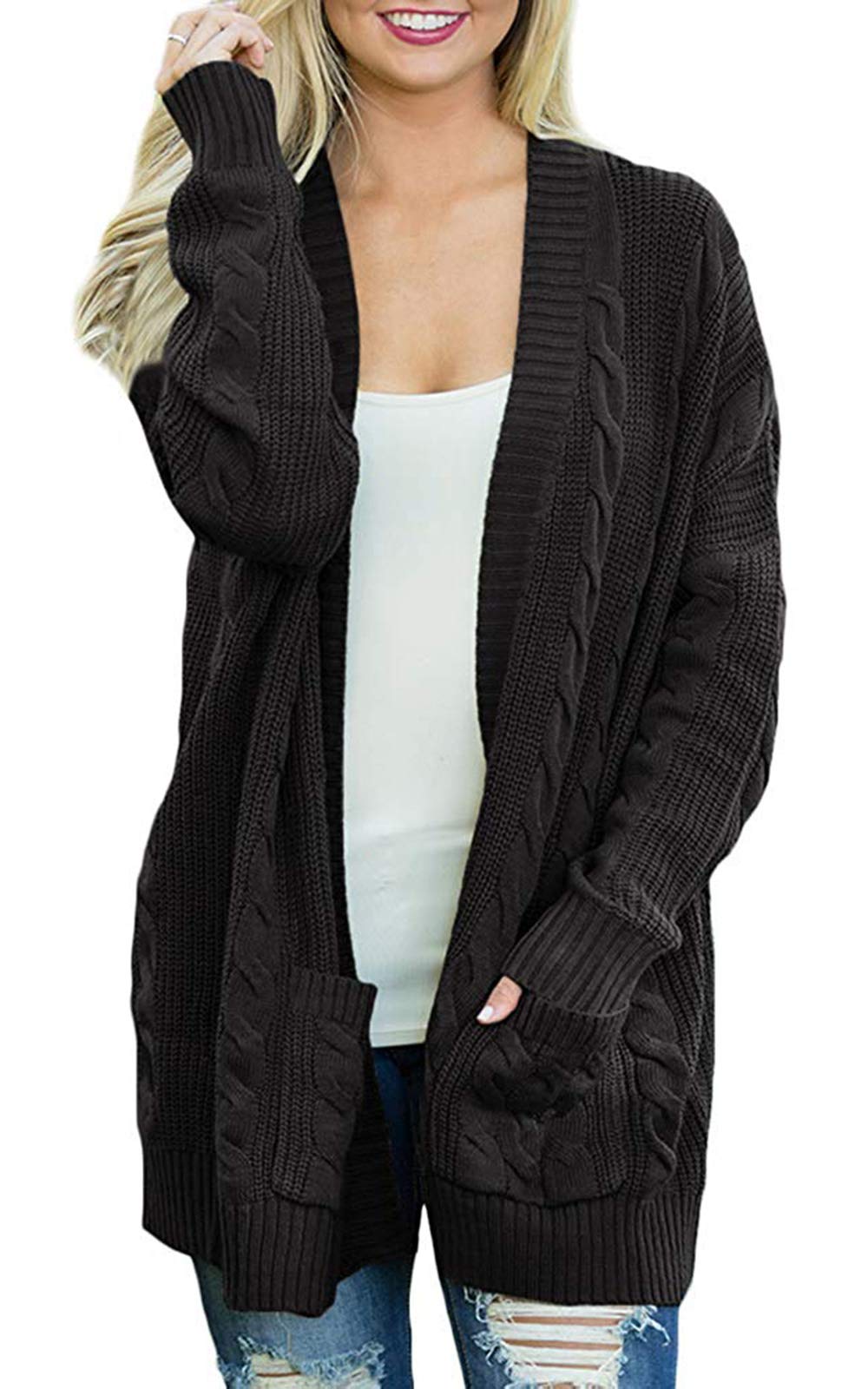 Women's Oversized Open Front Long Sleeve Aran Cardigan Sweaters Cable Twist Knit Boyfriend Loose Outwear with Pockets