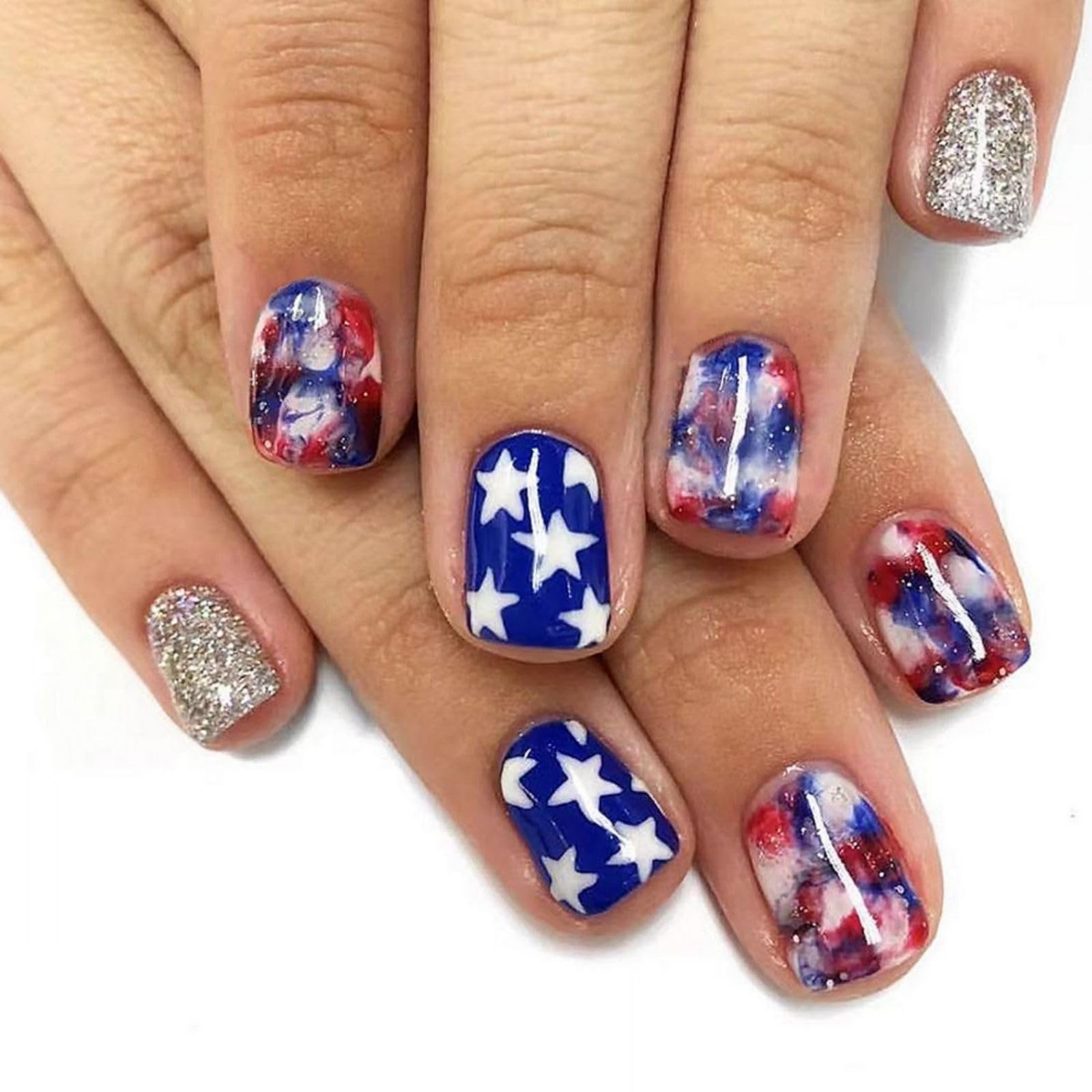Photo 1 of 4th of July Press on Nails Blue Red Fake Nails Star Design Glue on Nails Star Full Cover False Nails Short Square Patriotic Stick on Nails for Independence Day Manicure Tips 24 Pcs