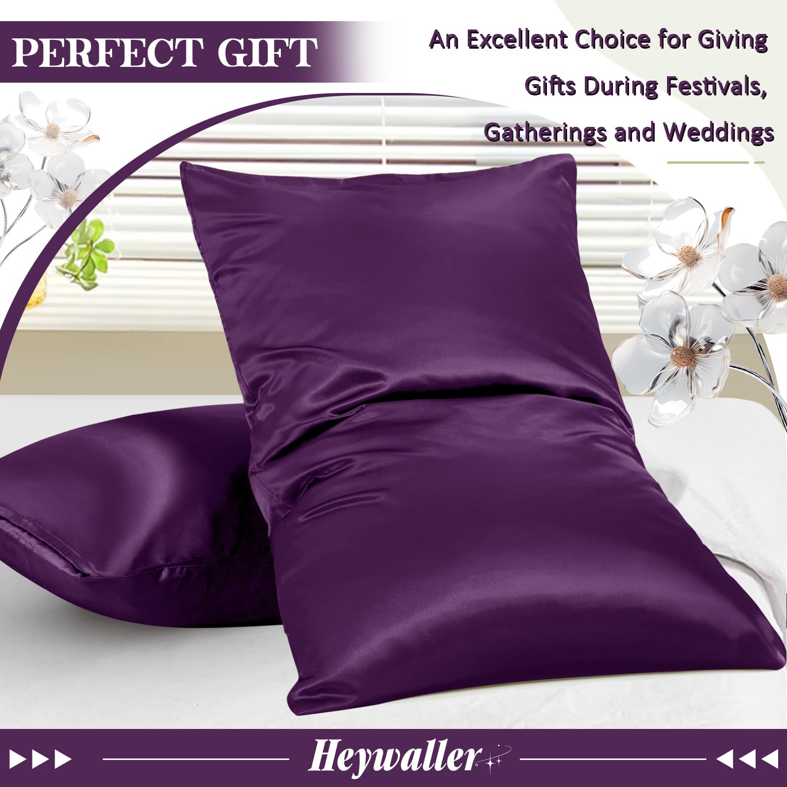 Heywaller Satin Pillowcases for Hair and Skin - Purple Standard Size PIllow Cases 2 Pack - Similar to Silk Pillowcases with Envelope Closure - Soft & Silky Pillow Covers for Him or Her - Image 3