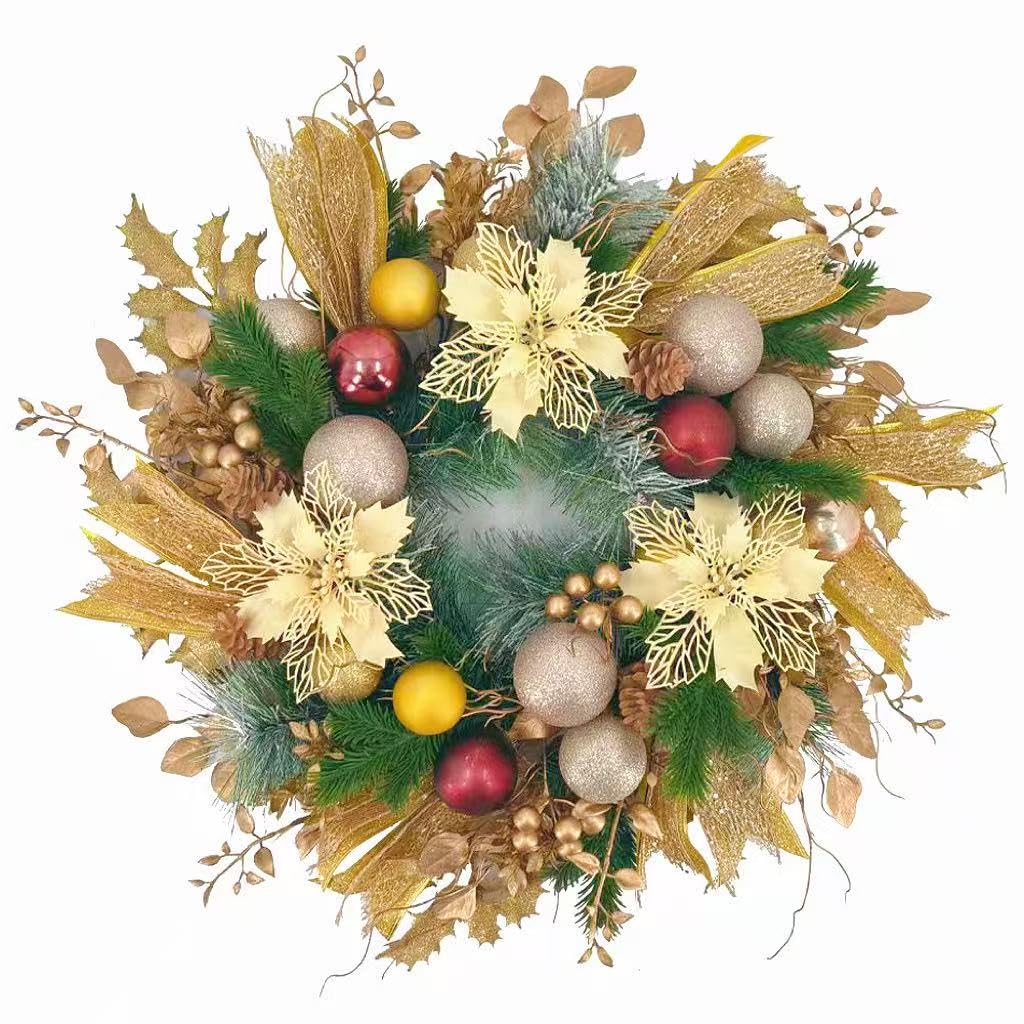 Photo 1 of 22inch Christams Wreath for Front Door, Artificial Gold Sparkling Flower Wreath, Class Gold Flower Ball Decoration, Used for Decorating Doors, Windows, Festive Hanging Decorations for Doors Mantel