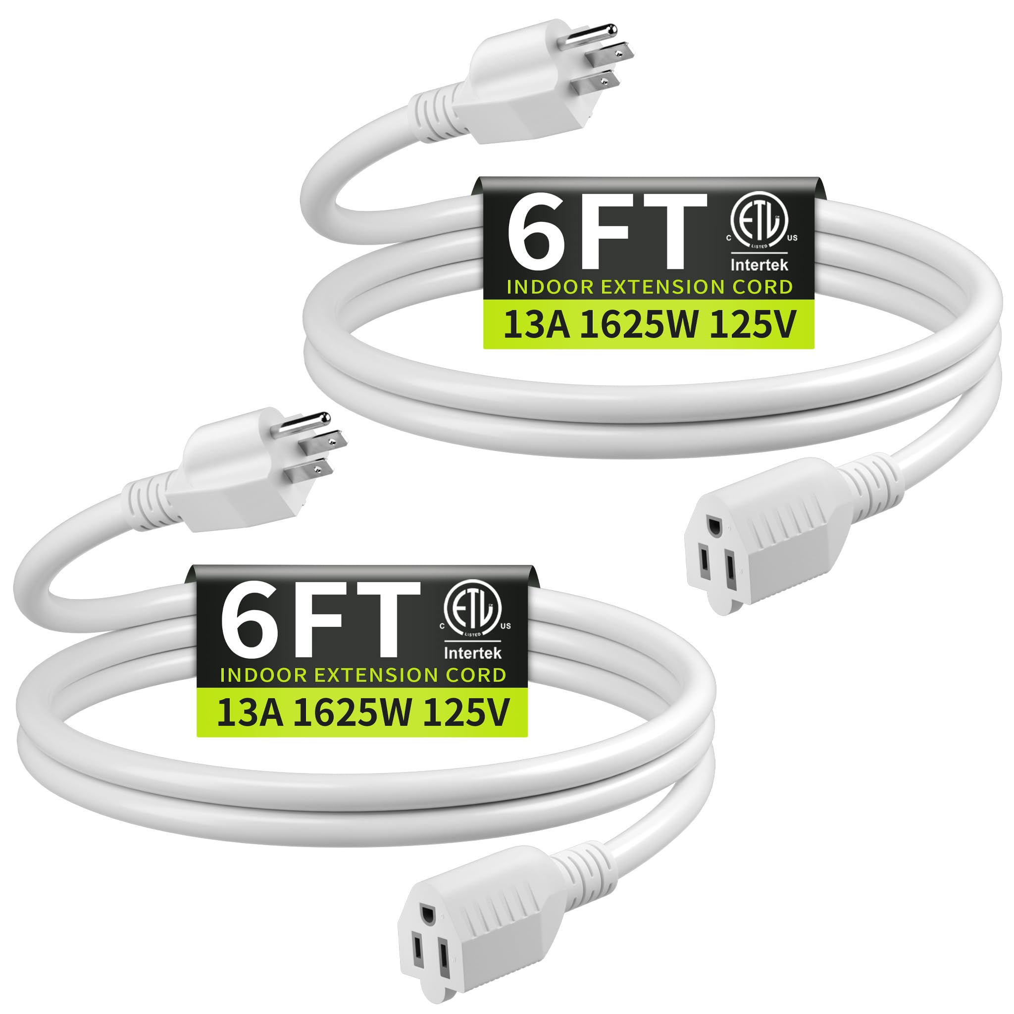 Photo 1 of 16/3 White Extension Cord 6 FT (2Pack), Indoor Extension Cord for Laptops, Coffee Makers, Office Home Appliances, 3 Prong Resistant Cable Flexible, 13A 125V 1625W ETL Listed