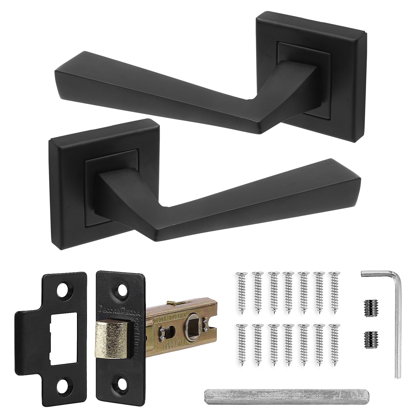 Decoranddecor Helix Square Door Handles – Aluminium Matt Black Internal Handle Sets with Fire-Rated Tubular Mortice Latch – Modern Design for Wooden Doors
