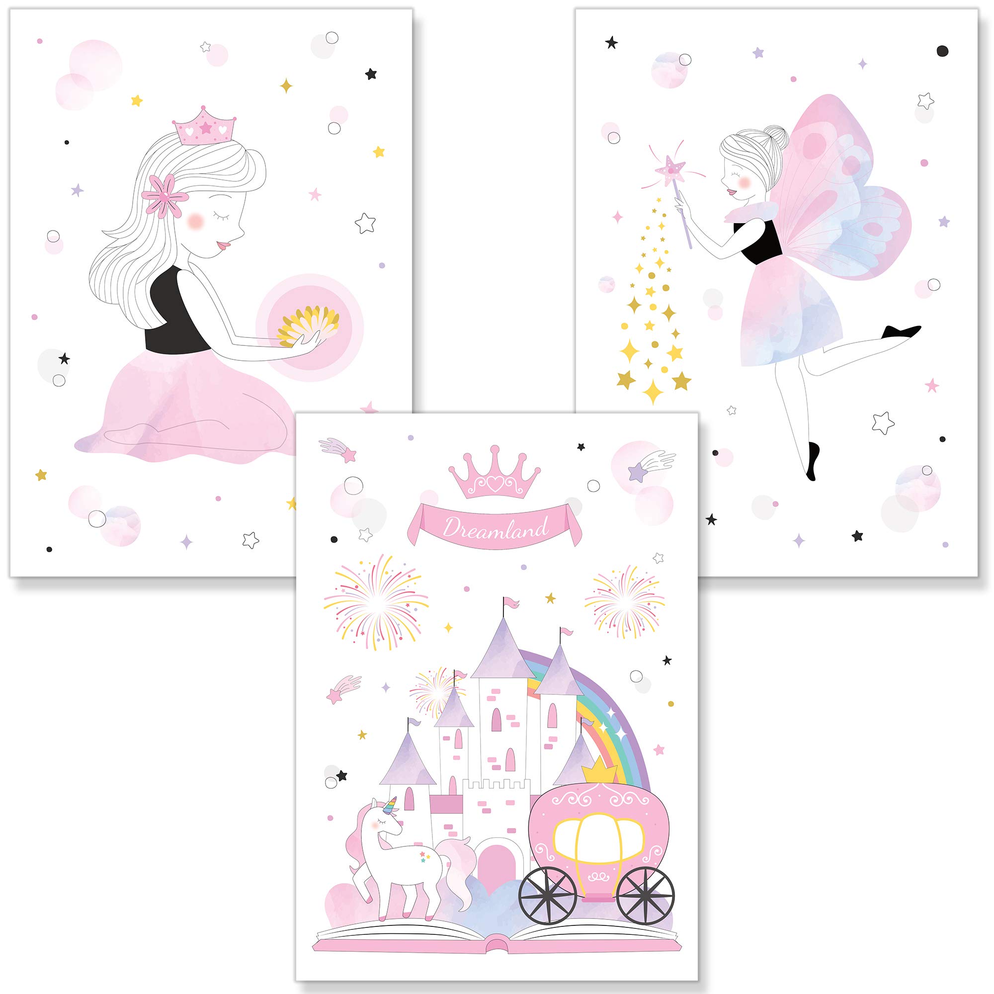 PREMYO Wall Art Prints Nursery Decor - Baby Room Decoration Girl - Kids Poster Set Princess Castle Fairy Tale Picture A4