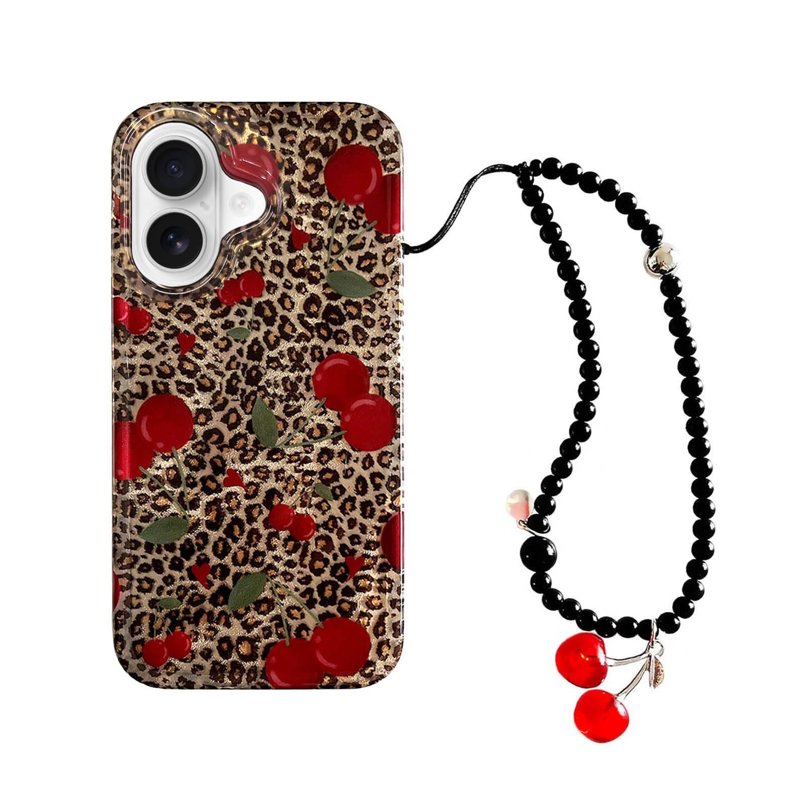 Photo 1 of aaknhen Leopard Cherry Phone Case Compatible for iPhone 16,Trendy Cherries Cheetah Print Cases with Phone Charm Chain Cute iPhone Case,Fruit Phone Case for iPhone 16 Girl Women 6.1 inch