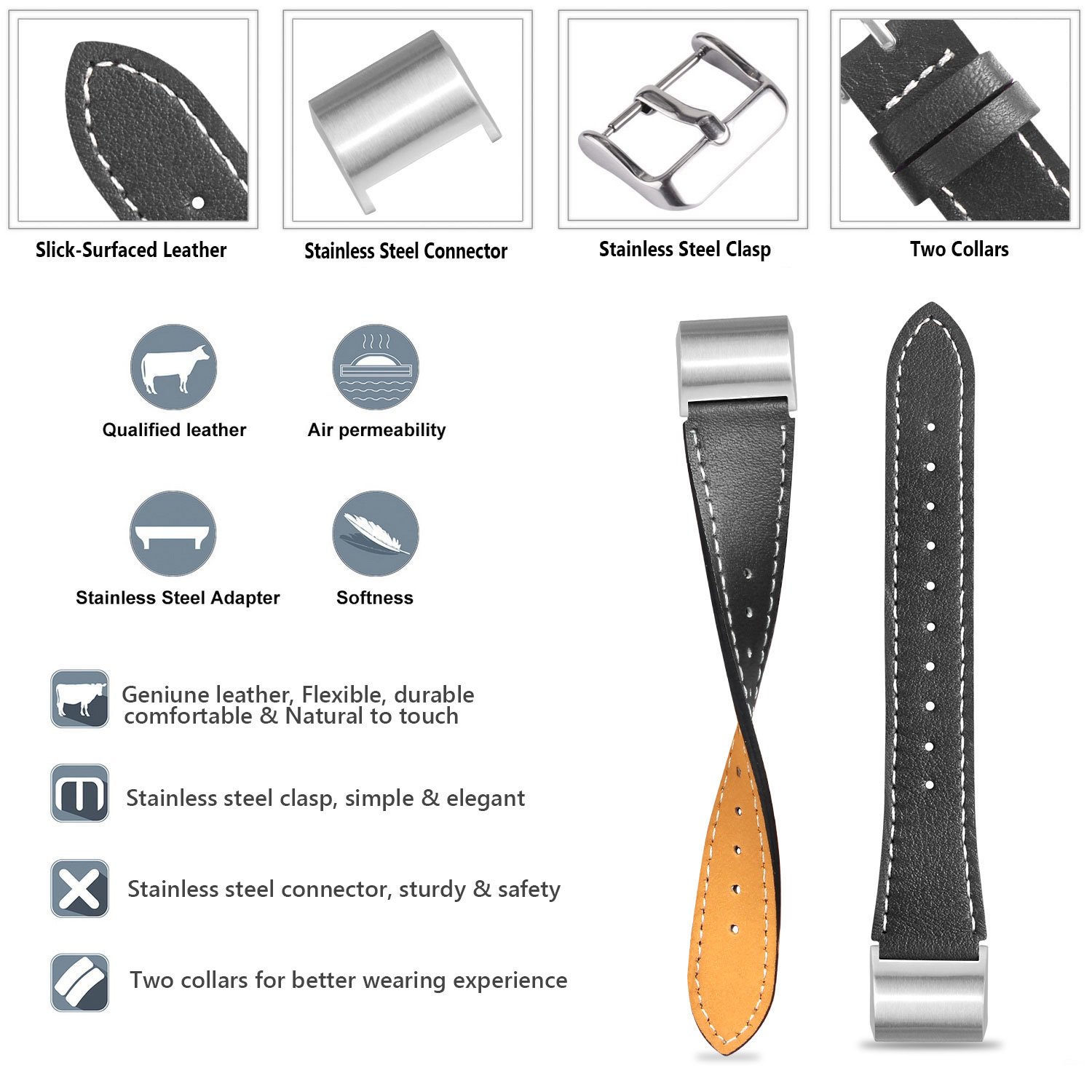 Fitbit Charge 2 Bands - Icheckey Genuine Leather Replacement Wristbands Include Gift Box for Fitbit Charge 2, Large Small Charge 2 Fitness Strap Black