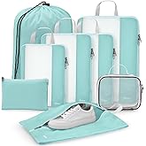 Gonex 8 Set Compression Packing Cubes for Travel, Expandable Mesh Packing Organizer for Travel Accessories Essentials with Toiletry Bag, Laundry Shoe Cable Bag for Suitcases, Grey Blue-green