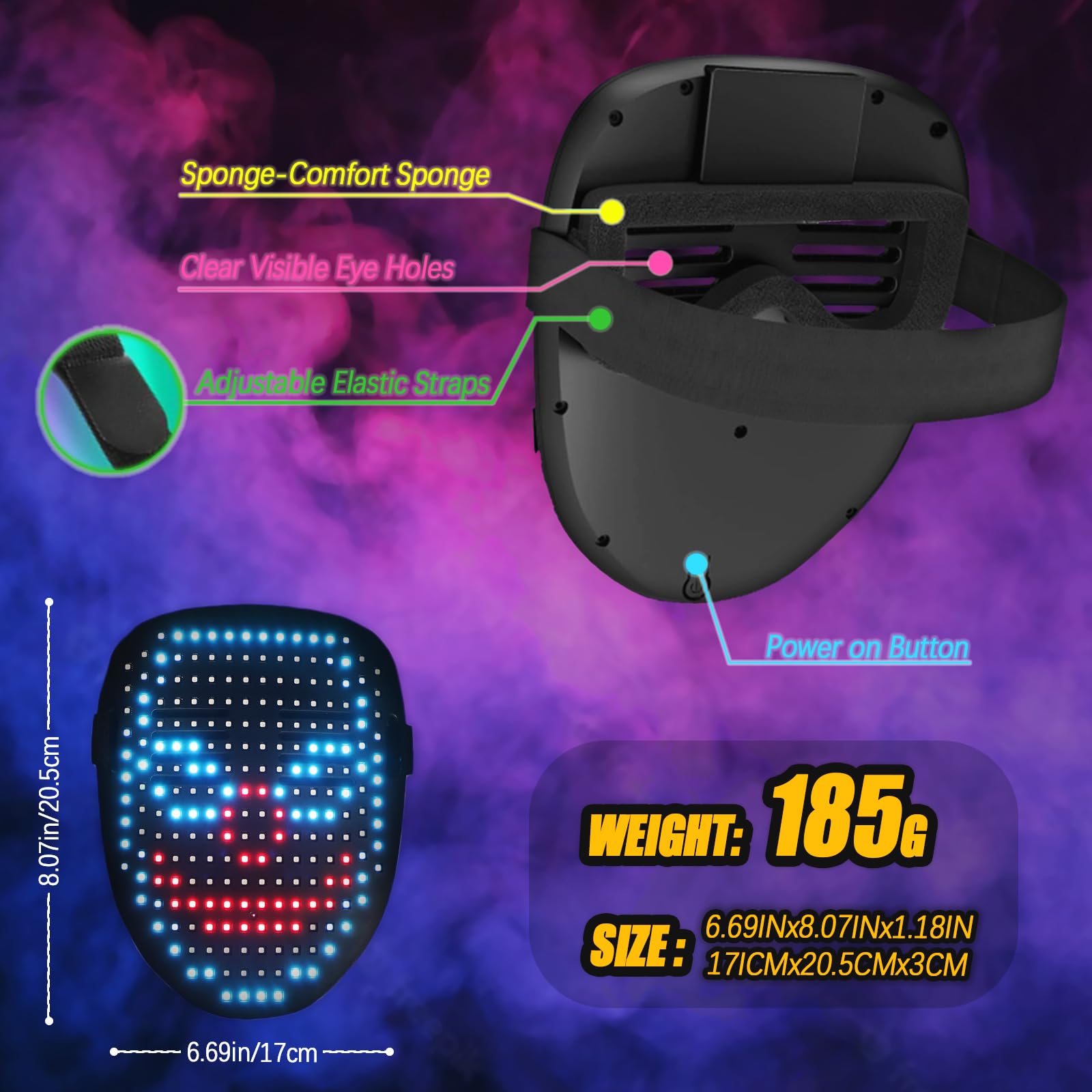 Ompusos LED Mask with Gesture Sensing, Light-Up Transforming Face Cover for Halloween, Christmas, Cosplay & Birthday Parties